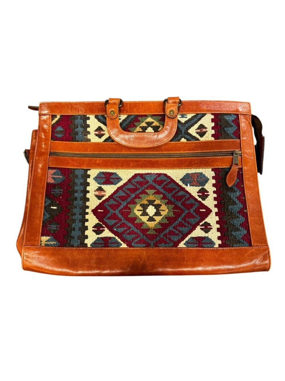 Vintage Kilim Leather Briefcase Bag Wool Southwest Boho Tote Mexico
